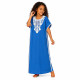 Gandoura fille brodée bleue à manches courtes avec broderie blanche du 4 au 14 ans