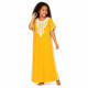 Gandoura fille brodée jaune moutarde à manches courtes avec broderie blanche du 4 au 14 ans