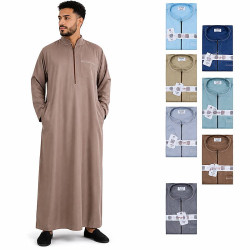 Qamis homme marron clair à manches longues avec col mao zippé et coloris disponibles