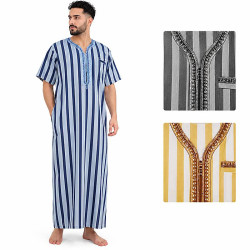 Qamis homme rayé bleu et blanc à manches courtes avec broderie marocaine et coloris disponibles