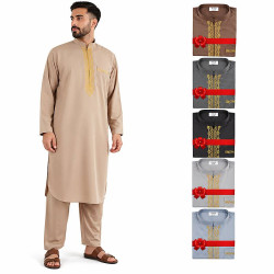 Qamis pakistanais beige 2 pièces avec col mao brodé et pantalon assorti