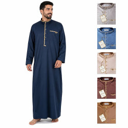 Qamis homme bleu marine col mao avec broderies dorées Daffah et miniatures des autres coloris