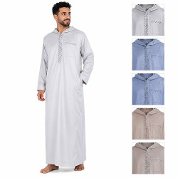 Qamis homme gris clair à capuche avec broderies et miniatures des autres coloris