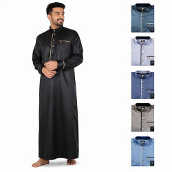 Qamis homme noir satiné col mao avec liseré doré et miniatures des autres coloris