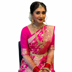 Sari indien fuchia et doré femme – Coupon traditionnel à draper avec choli à coudre