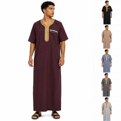 Qamis homme chocolat à col marocain et encolure brodée