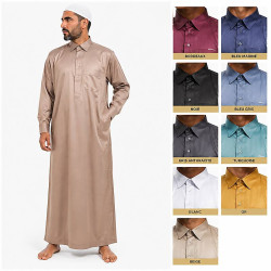 Qamis moderne beige à col chemise, tissu soyeux