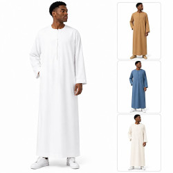 Qamis homme blanc manches longues avec déclinaisons camel, bleu et blanc cassé