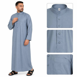 Qamis homme saoudien bleu gris à col mao et manches longues