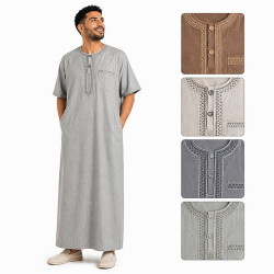 Qamis long manches courtes à broderies décoratives disponible en plusieurs coloris