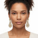 Boucles d’oreilles pendantes en plaqué or à motif oriental ajouré portées par une femme