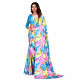 Sari indien multicolore satiné bleu rose et jaune sans choli
