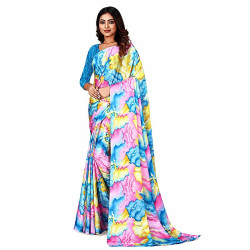 Sari indien multicolore satiné bleu rose et jaune sans choli