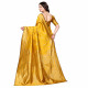 Sari indien jaune moutarde avec large bordure dorée vue de dos