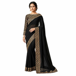Sari indien noir à bordure dorée avec motifs traditionnels