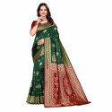 Sari indien vert et rouge à motifs dorés