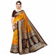 Sari indien orange et marron à motifs floraux et bordure dorée