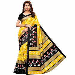 Sari indien jaune et noir à motifs ethniques rouges et blancs