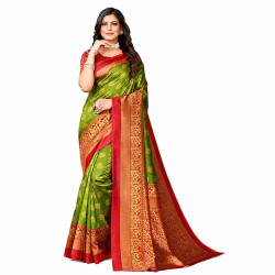 Sari indien vert anis et rouge à large bordure dorée