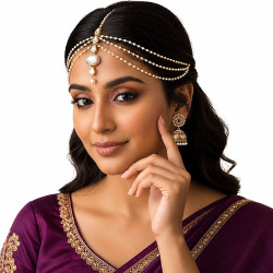 Bijou de tête indien à chaînes de perles et parure de front dorée