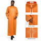 Qamis satiné brodé manches longues orange avec détails du col, poche et broderies