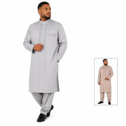 Ensemble Qamis pakistanais et son pantalon en gris clair et marron glacé