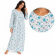 Pyjama femme chemise de nuit manches longues à fleurs turquoise