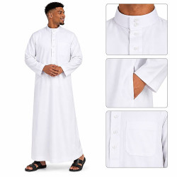 Qamis / Djellaba homme blanc col mao – Tissu léger, coupe droite