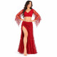 Costume oriental rouge avec jupe fendue à paillettes et manches voilées
