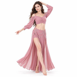 Costume danse orientale rose poudré à épaules dénudées avec chaînes de perles