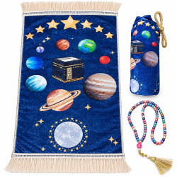 Kit tapis de prière enfant bleu avec tasbih 99 grains multicolore et housse assortie