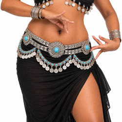Ceinture métallique de danse orientale argent et turquoise