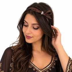 Serre tête fantaisie à paillettes petit noeud et strass marron - 1