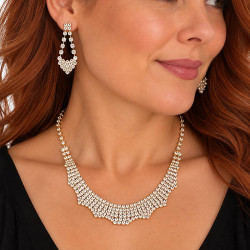 Parure strass pas cher dorée avec collier et boucles d’oreilles