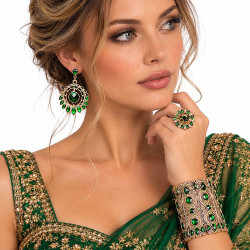 Coffret cadeau parure bijoux orientaux 3 pièces vert et doré avec boucles d'oreilles, bague et bracelet