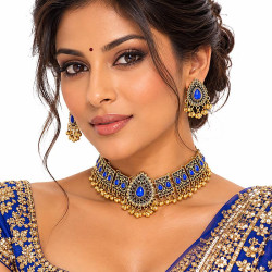 Parure bijoux indiens saphir royal – collier et boucles assorties - 1