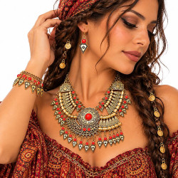 Parure bijoux indiens ethnique dorée et rouge – collier, bracelet et boucles orientales - 2