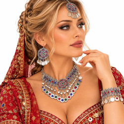 Parure indienne ethnique – 4 pièces argent vieilli et pierres colorées - 1