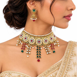 Collier chocker Bollywood femme indienne doré avec perles et pierres colorées