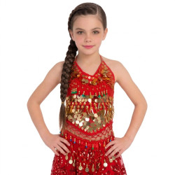 Top enfant de danse orientale à grelots et pastilles dorées rouge 