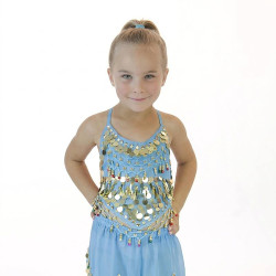 Top enfant de danse orientale à grelots et pastilles dorées bleu clair - 1