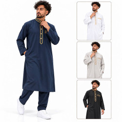 Qamis pakistanais brodé avec sarouel assorti, modèle bleu marine et trois autres coloris blanc, gris et noir