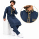 Ensemble qamis pakistanais bleu marine et sarouel assorti avec broderies dorées au col et sur la poche poitrine