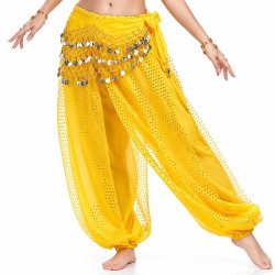 Sarouel de danse orientale jaune à paillettes dorées, porté par une danseuse, avec ceinture à pièces métalliques et tissu fluide transparent.