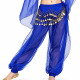 Sarouel de danse orientale bleu roi à paillettes, porté par une danseuse, avec ceinture à pièces métalliques dorées et tissu fluide transparent.