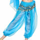 Sarouel de danse orientale turquoise à paillettes, porté par une danseuse, avec ceinture à pièces métalliques dorées et tissu fluide transparent.