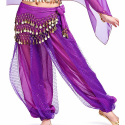 Sarouel de danse orientale violet à paillettes, porté par une danseuse, avec ceinture à pièces métalliques dorées et tissu fluide transparent.