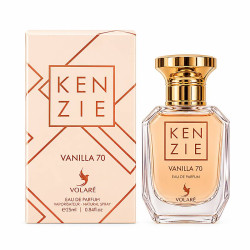 Eau de parfum Kenzie Vanilla 70 Volaré 25 ml, flacon transparent au bouchon doré avec son coffret beige