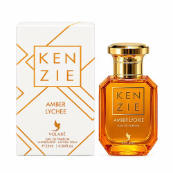 Eau de parfum Kenzie Amber Lychee Volaré 25 ml, flacon ambré au bouchon doré accompagné de sa boîte blanche