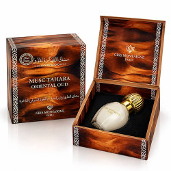 Musc Tahara Oriental Oud Gris Montaigne 12 ml, flacon blanc au bouchon doré présenté dans son coffret effet bois ouvert